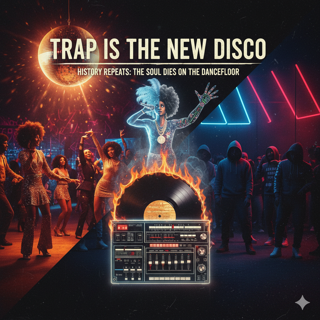 Split graphic showing 70s Disco dancers versus modern Trap crowd